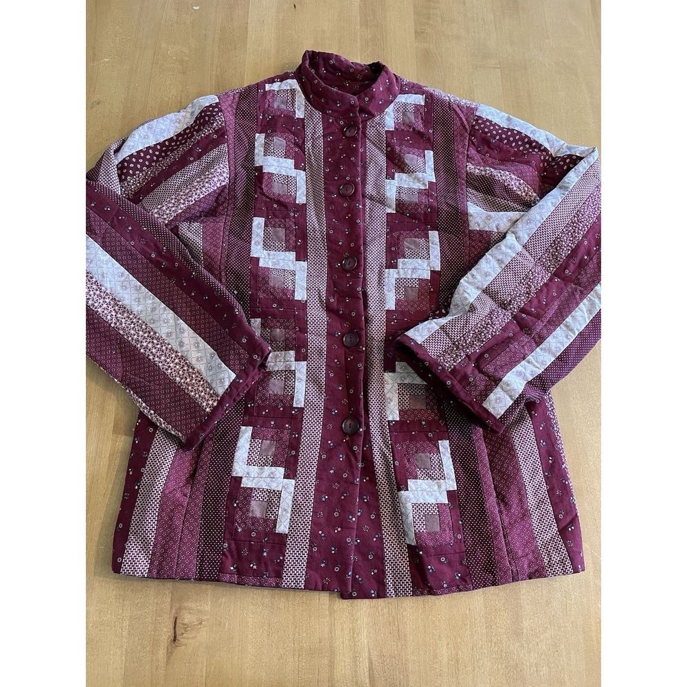 Vtg Handmade Quilt Coat Collarless Jacket Large Pink Cabincore Cottage Sz S/M